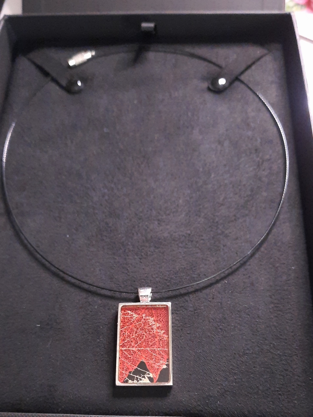 Red Leaf Rectangle Pendant Necklace with Silver Frame by